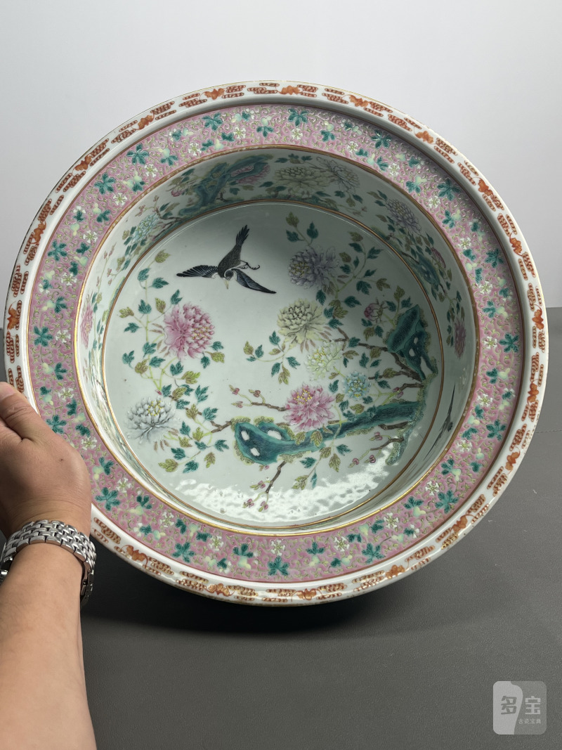 清中期  粉彩花鸟纹折沿洗 - 图4